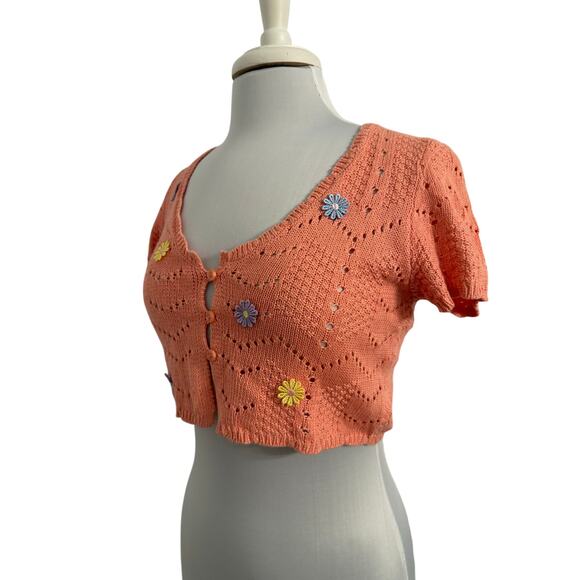 Womens M Cottagecore Floral Daisy Crochet Knit Crop Cardigan Sweater Boho Preppy - Picture 1 of 9